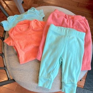 Simple Joys bodysuits (2) & pants (1) green and orange. Newborn